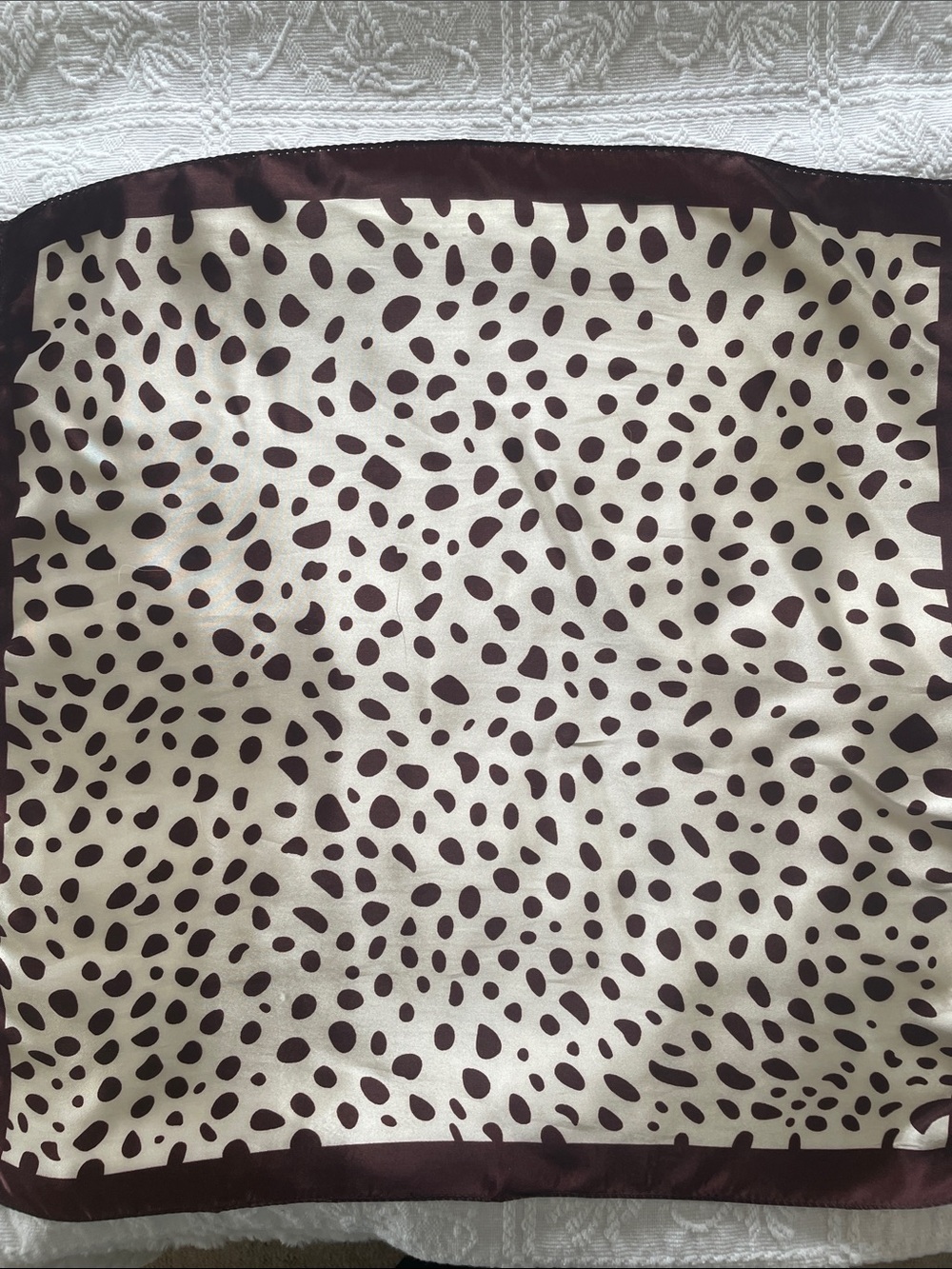 Satin Cream and Brown Polka Dot Square Scarf 19 x 19 new with tags